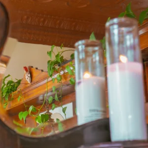 Candles and trailing plants creating a warm, grounding atmosphere inside Sanctuary Health.